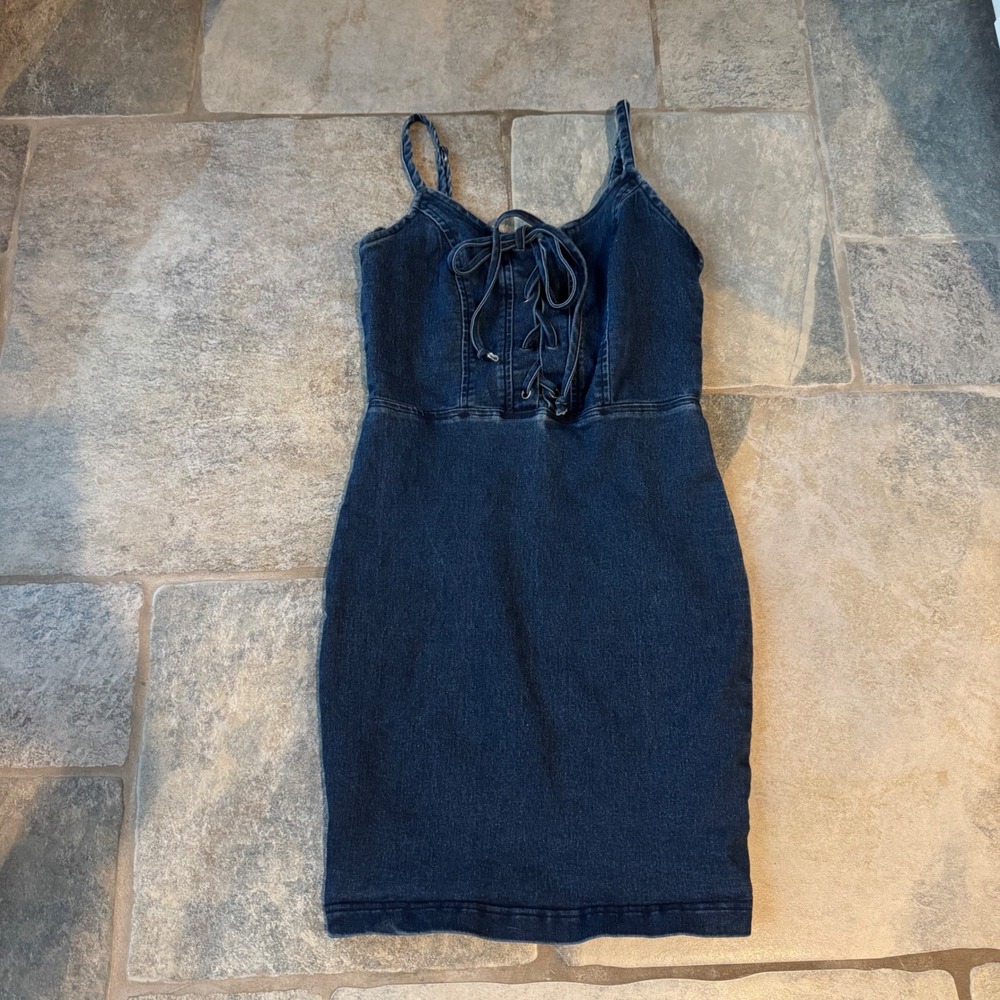 Nevena Rae‎ Denim Lace-Up Mini Dress Blue Bodycon Y2K Festival Style Sz Small